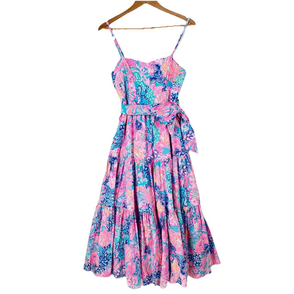 Lilly Pulitzer Edith Tiered Midi Dress Sz 2 Splendor in the Sand Colorful Floral